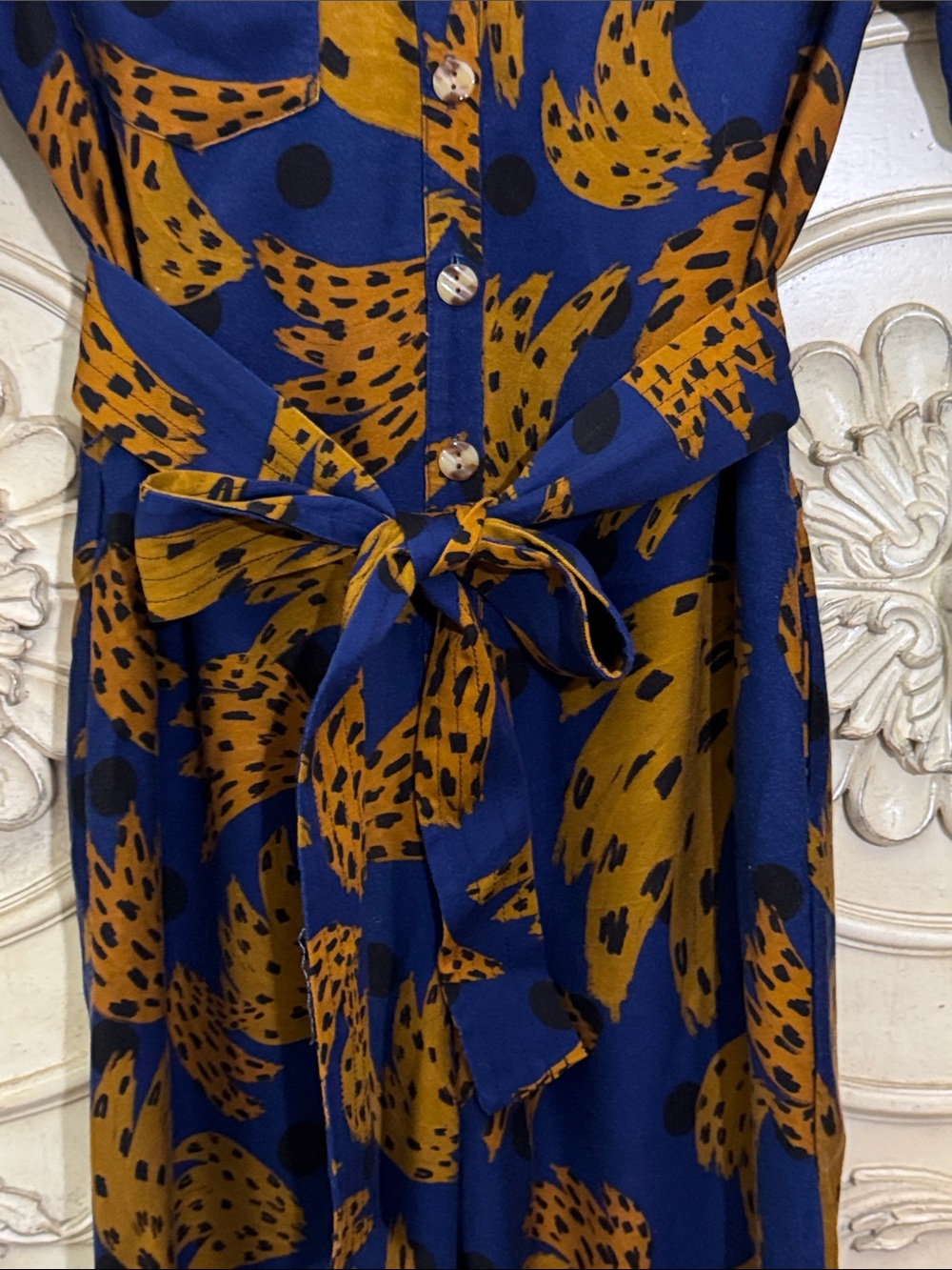 Farm Rio Banana Blue & Brown Printed Jumpsuit with Tie Waist Size Small - Picture 7 of 16